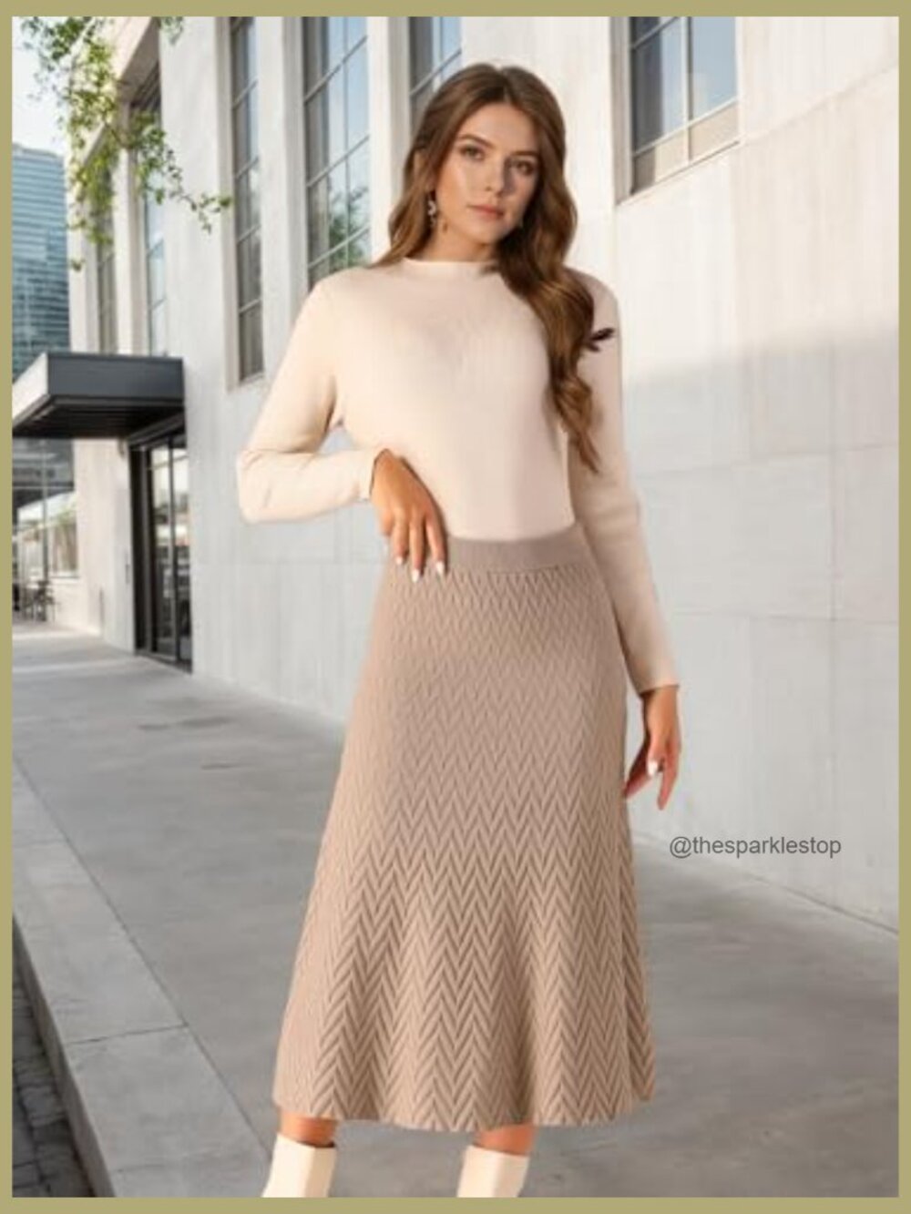 Ribbed Knit A-Line Midi Skirt High Waist Stretchy Sweater Skirt - Picture 2 of 7
